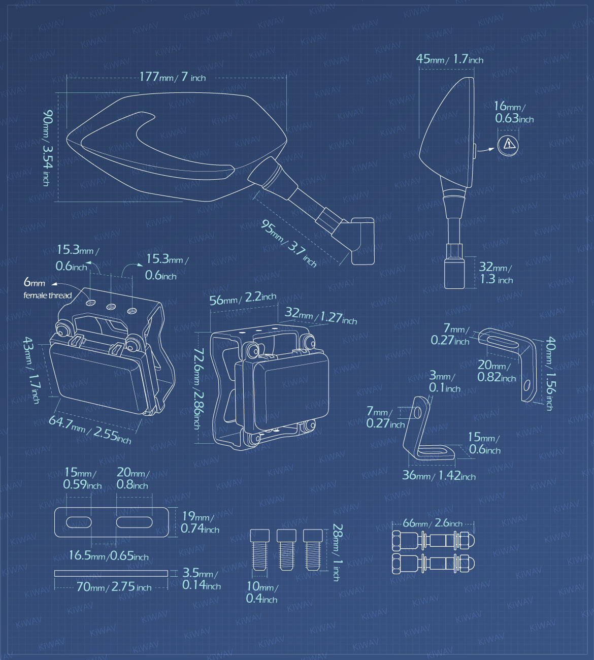 Measurement of KiWAV motorcycle BSD system built in rear view mirrors Buck black for most Harley Davidson