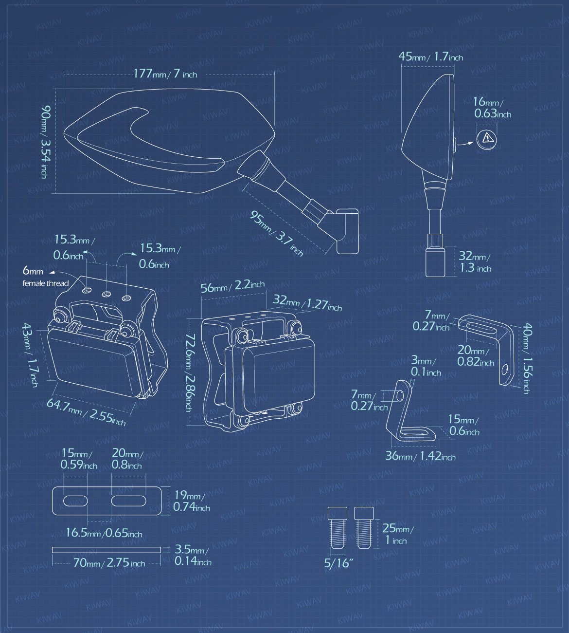 Measurement of KiWAV motorcycle BSD system built in rear view mirrors Buck black for Harley Davidson Street 500/750