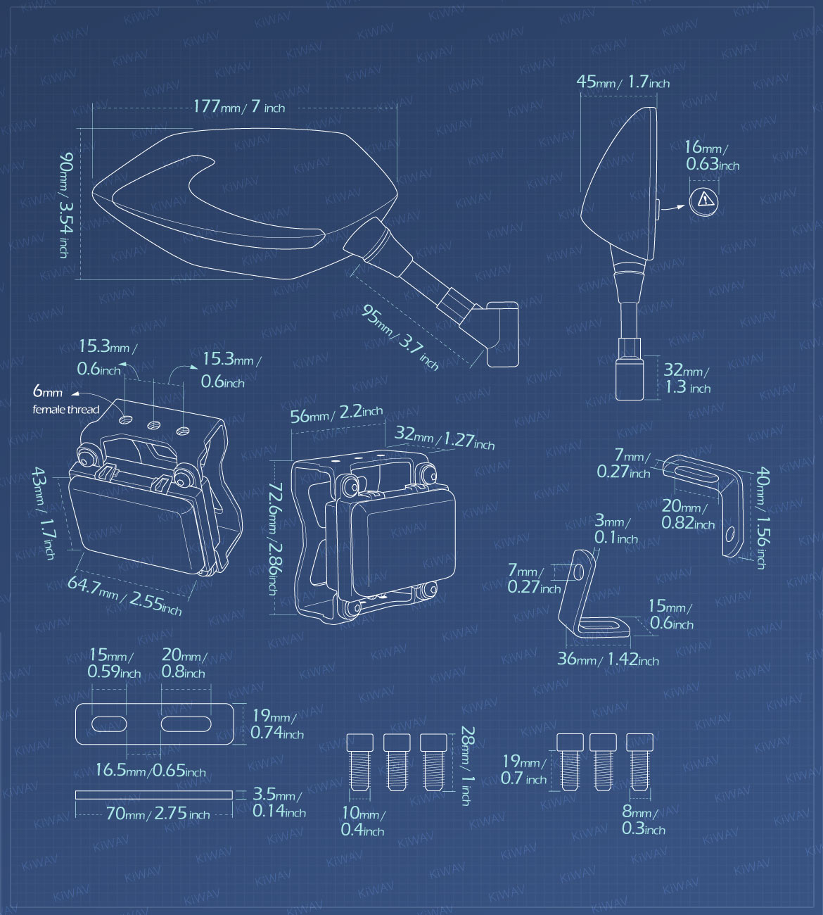 Measurement of KiWAV motorcycle BSD system built in rear view mirrors Buck black for M8/M10 mirror bolts