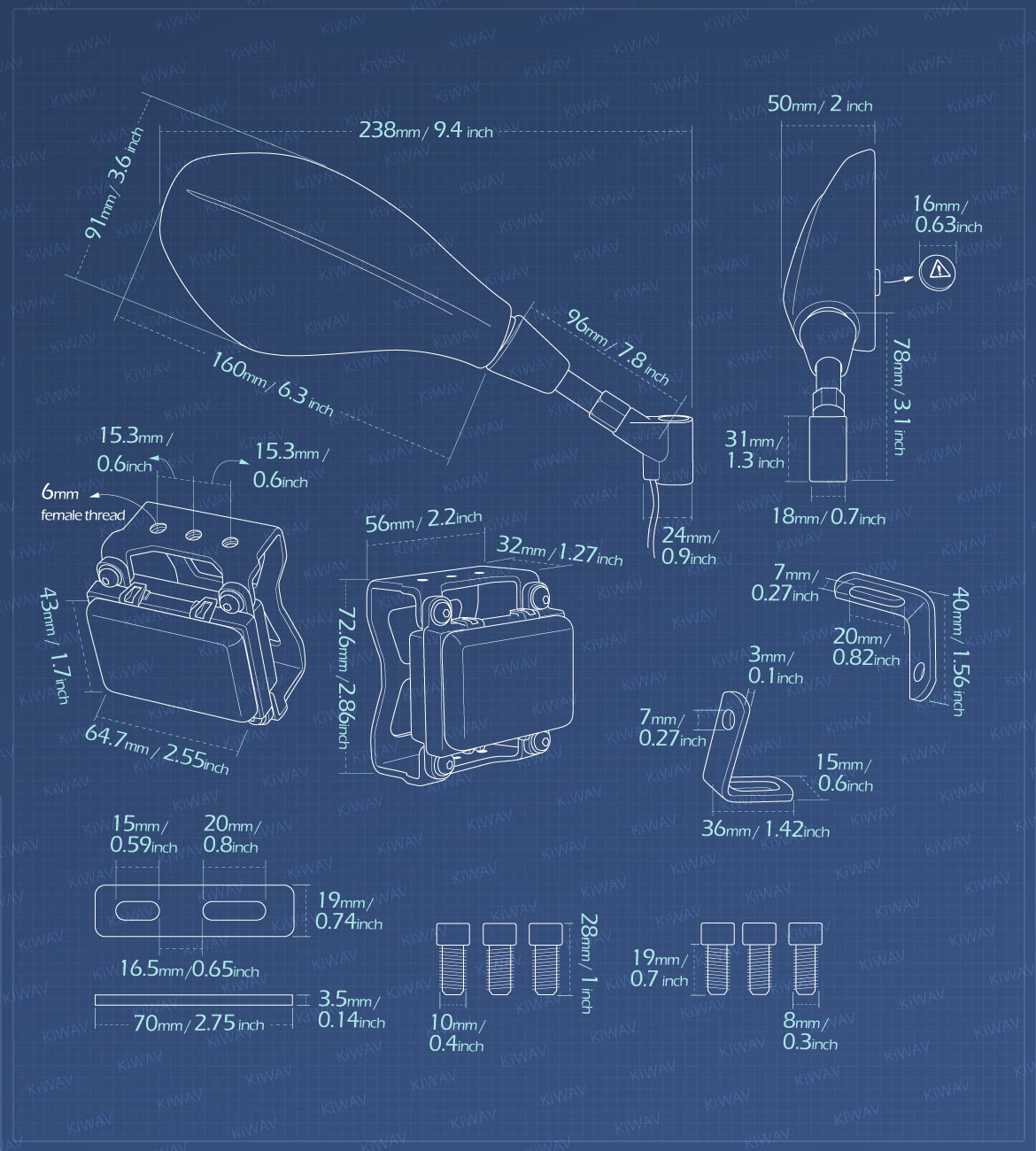 Measurement of KiWAV motorcycle BSD system built in rear view mirrors Nonam black for M8/M10 mirror bolts