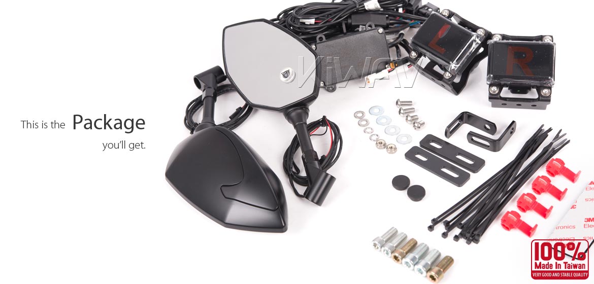 KiWAV motorcycle BSD system built in rear view mirrors Buck black for M8/M10 mirror bolts
