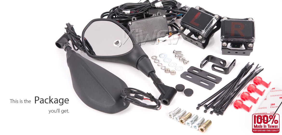 KiWAV motorcycle BSD system built in rear view mirrors Nonam black for M8/M10 mirror bolts