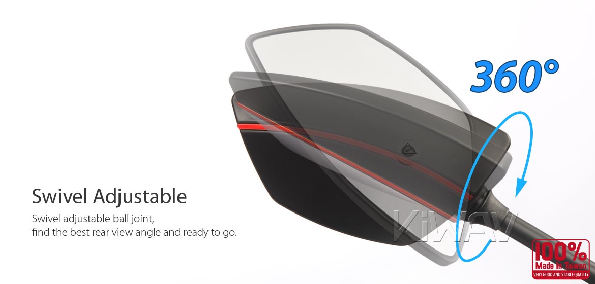 KiWAV motorcycle BSD system built in rear view mirrors Redline black for M8/M10 mirror bolts