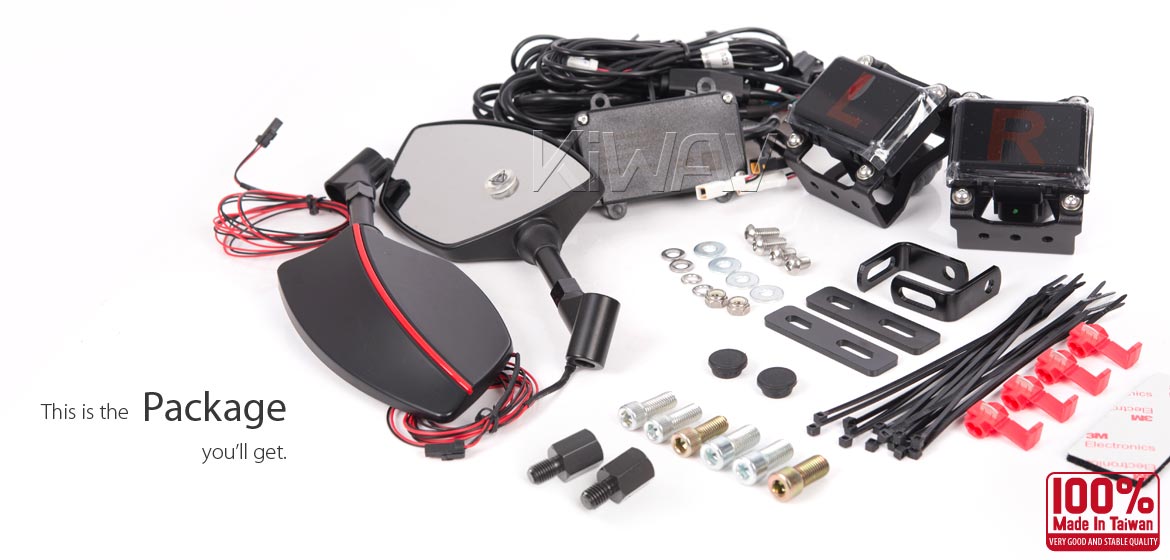 KiWAV motorcycle BSD system built in rear view mirrors Redline black for most BMW