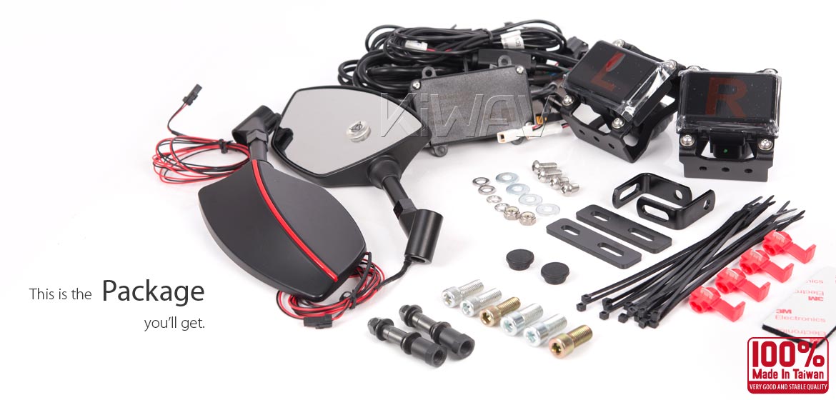 KiWAV motorcycle BSD system built in rear view mirrors Redline black for most Harley Davidson