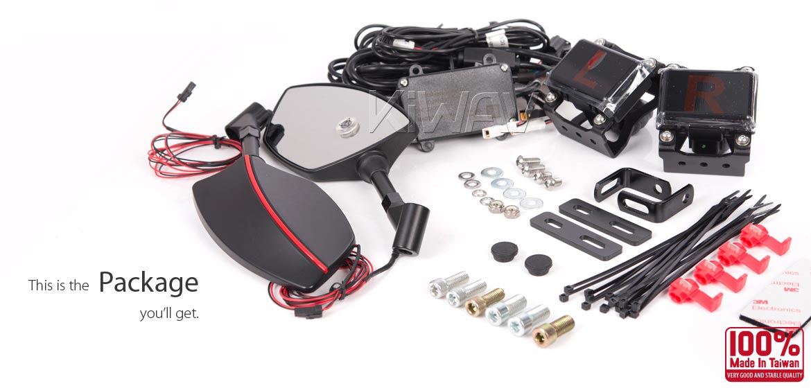 KiWAV motorcycle BSD system built in rear view mirrors Redline black for M8/M10 mirror bolts