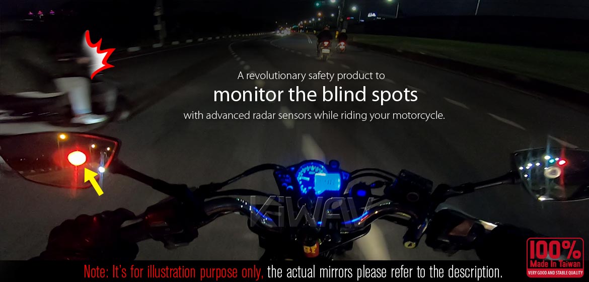 KiWAV motorcycle BSD system built in rear view mirrors Nonam black for M8/M10 mirror bolts