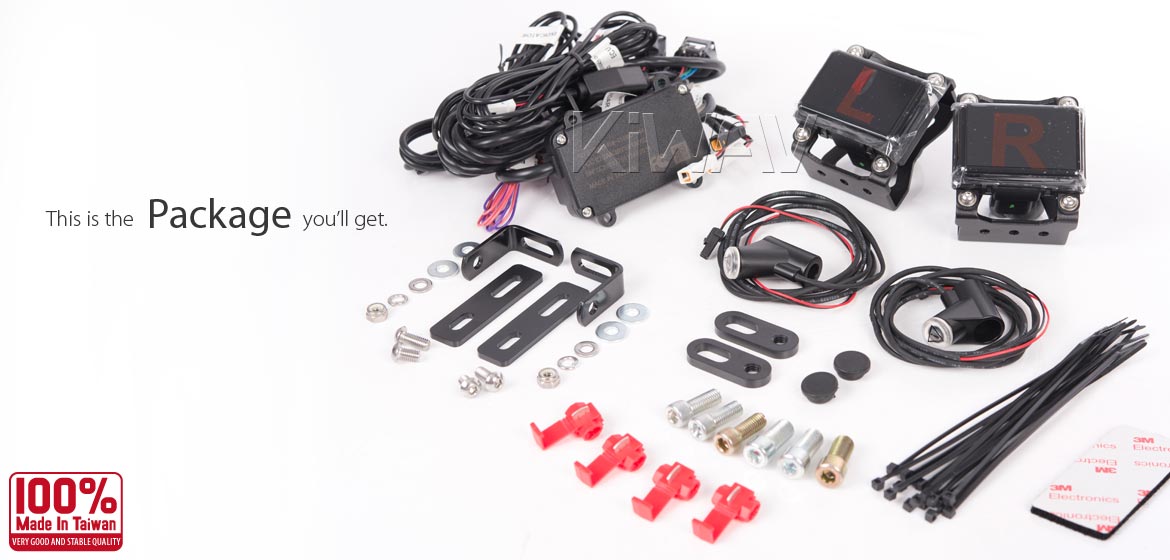 KiWAV motorcycle BSD system with LED indicators for M8/M10 mirror bolts