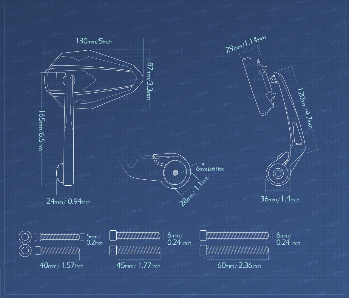 Measurement of KiWAV motorcycle bar end mirrors 4Rizz compatible for Triumph air-cooled motorcycles