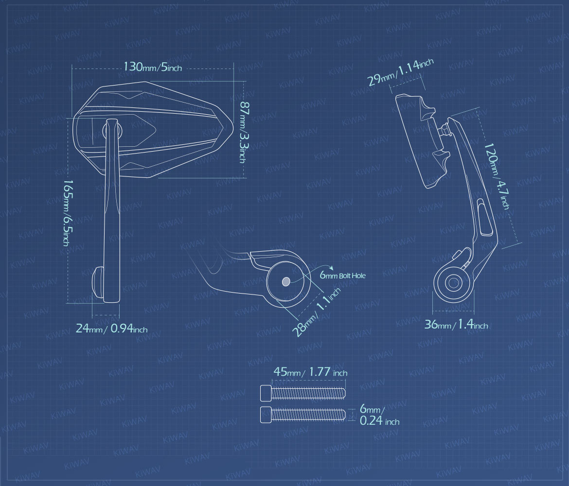 Measurement of KiWAV motorcycle bar end mirrors 4Rizz for M6 threaded handlebars