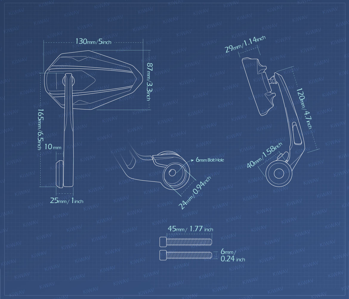 Measurement of KiWAV motorcycle bar end mirrors 4Rizz heavy weight for M6 threaded handlebars