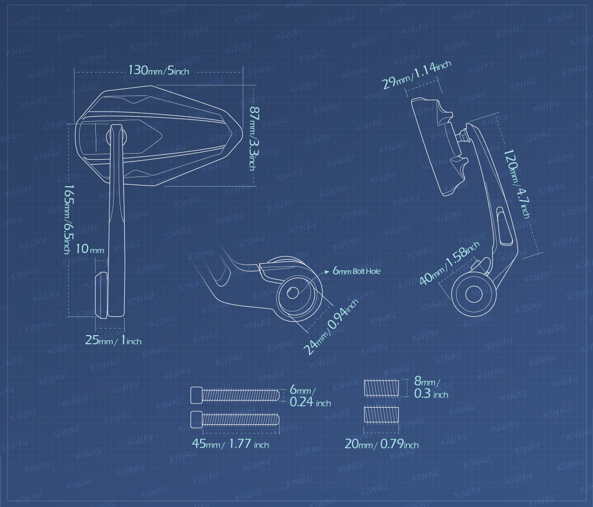 Measurement of KiWAV motorcycle bar end mirrors 4Rizz heavy weight for M8 threaded handlebars