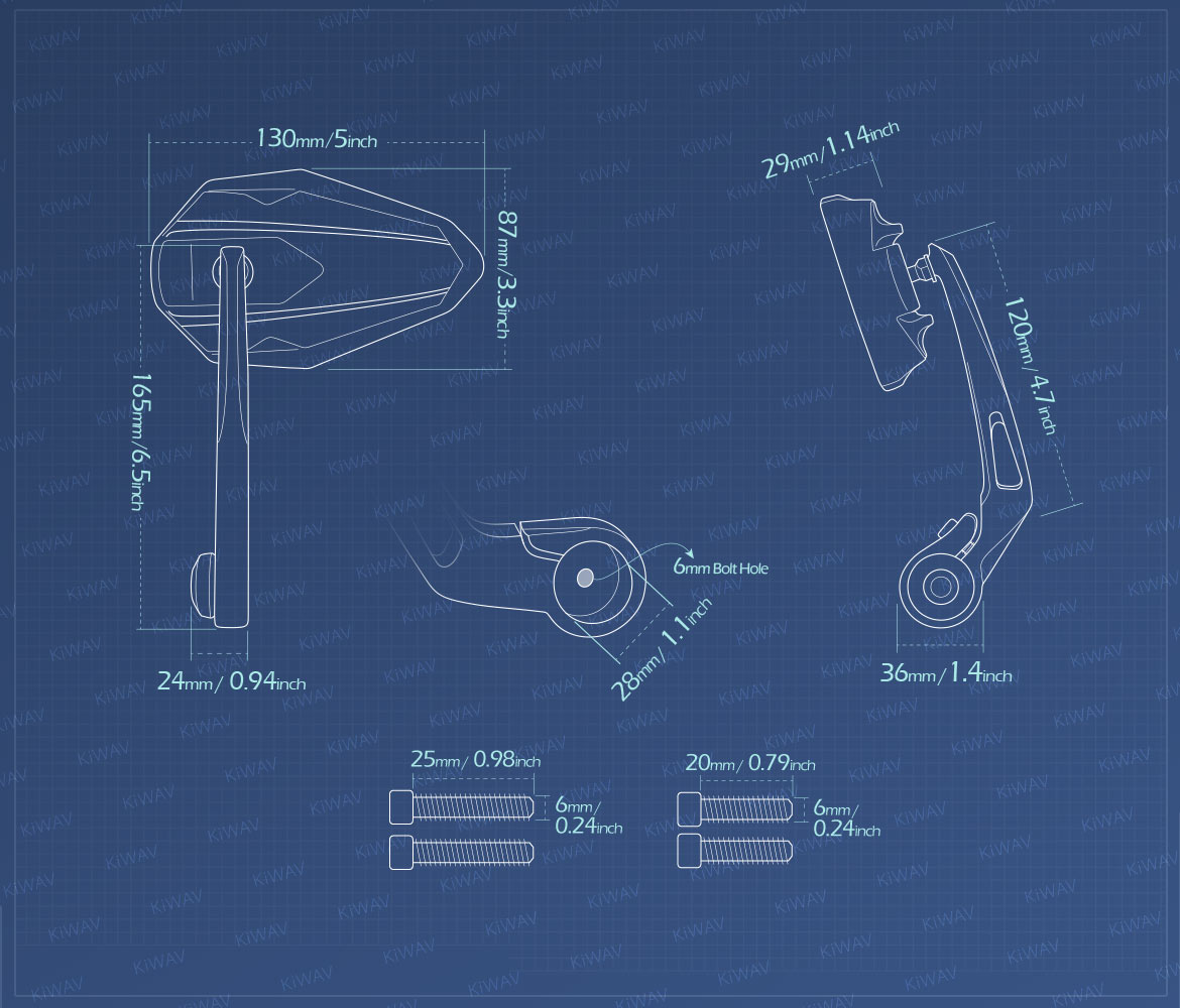 Measurement of KiWAV motorcycle bar end mirrors 4Rizz compatible for Triumph water-cooled models