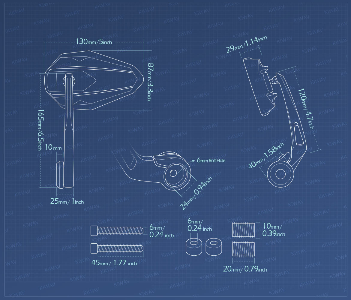 Measurement of KiWAV motorcycle heavy weight bar end mirrors 4Rizz compatible for BMW M10 threaded handlebar