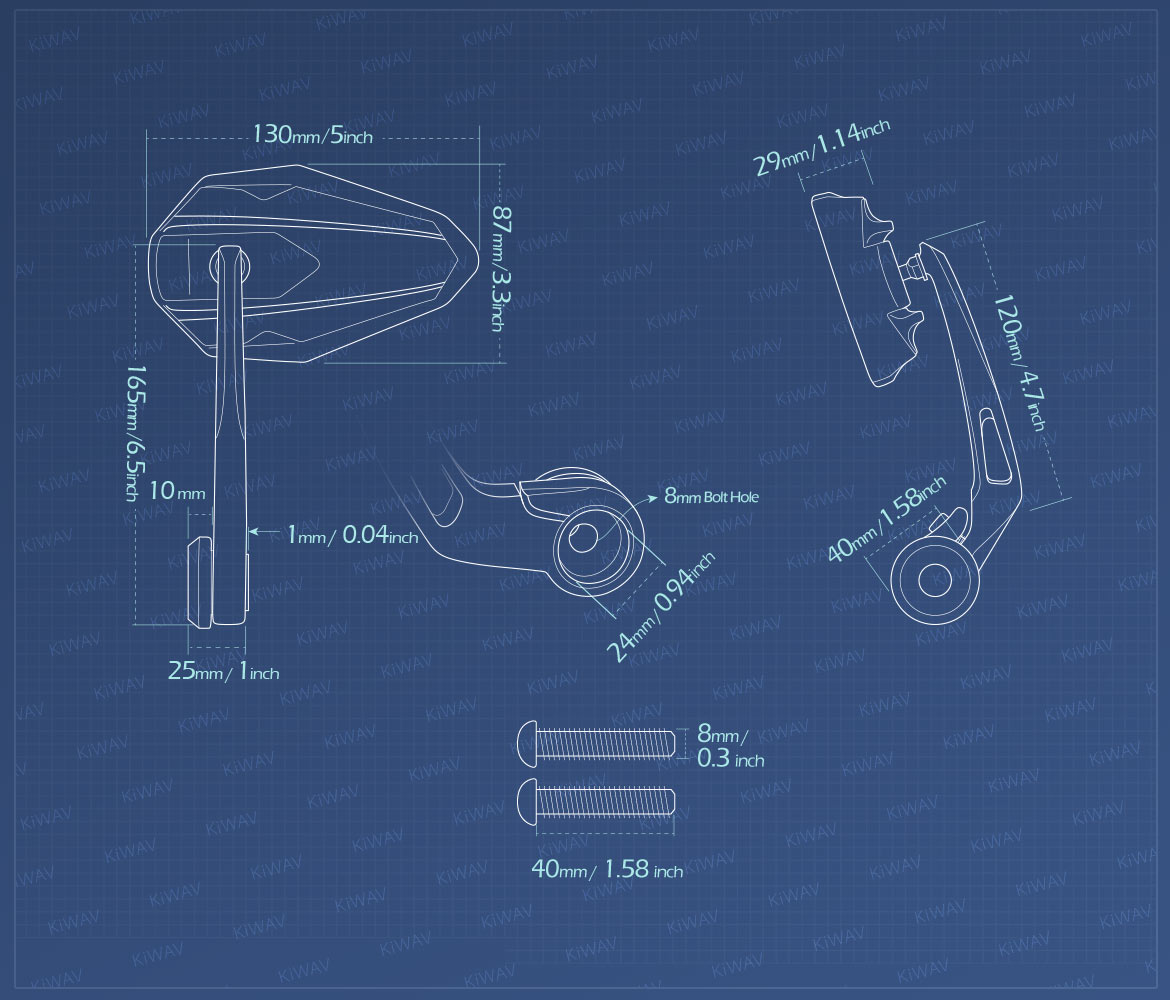Measurement of KiWAV motorcycle bar end mirrors 4Rizz compatible for BMW M8 threaded handlebar