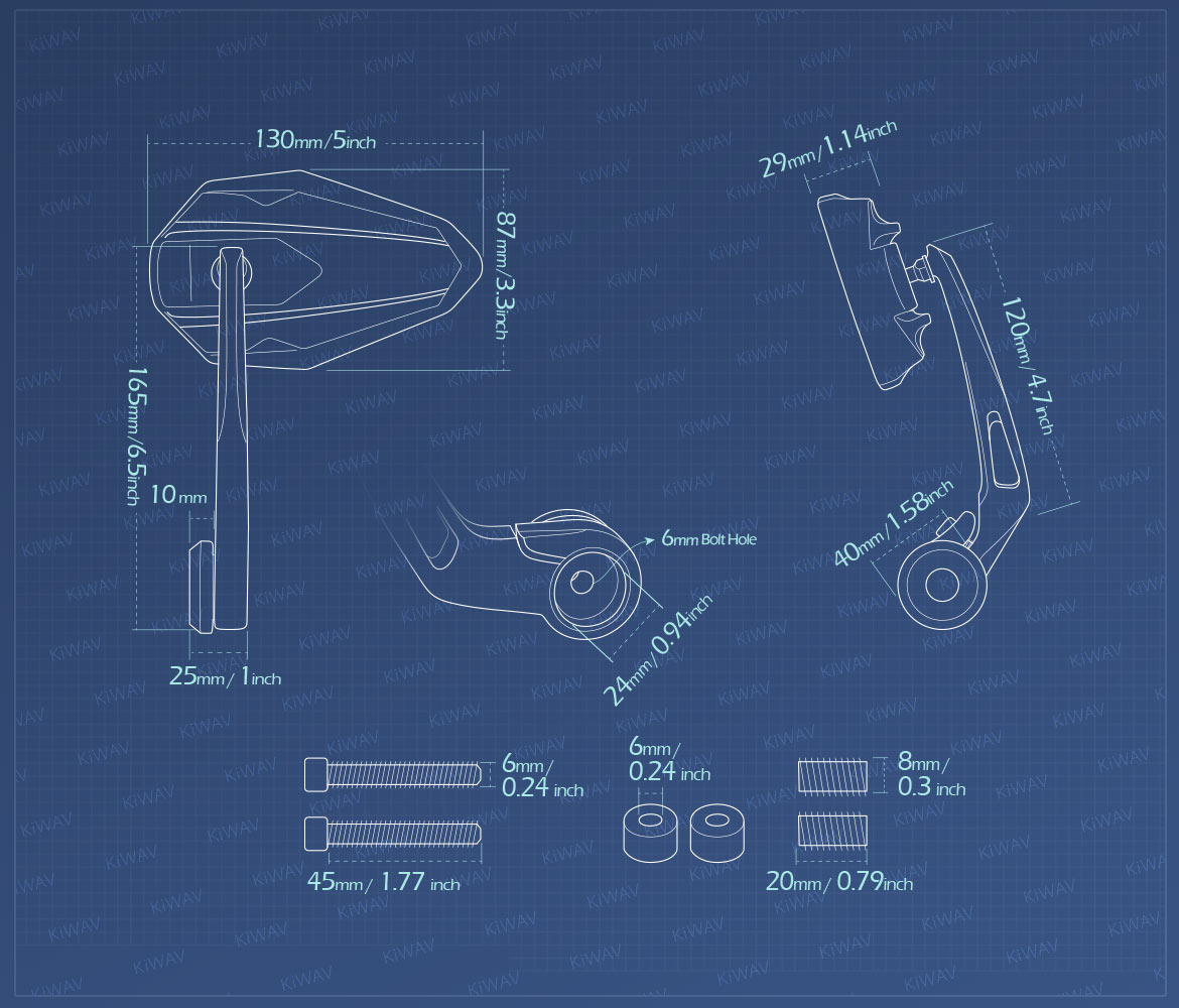Measurement of KiWAV motorcycle bar end mirrors 4Rizz compatible for BMW M8 threaded handlebar
