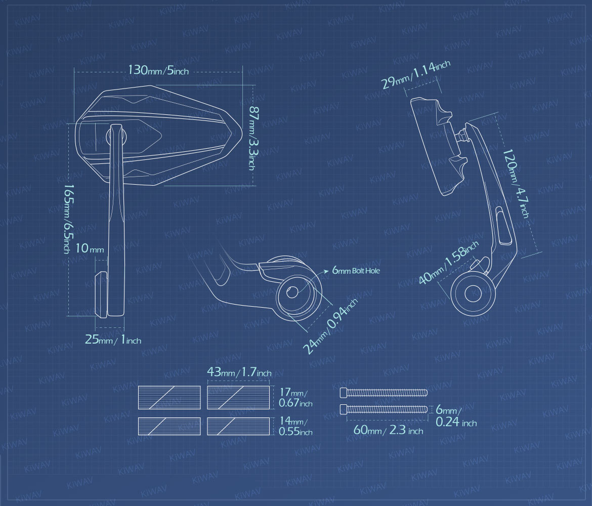 Measurement of KiWAV motorcycle bar end mirrors 4Rizz for 7/8 inch hollow end handlebars