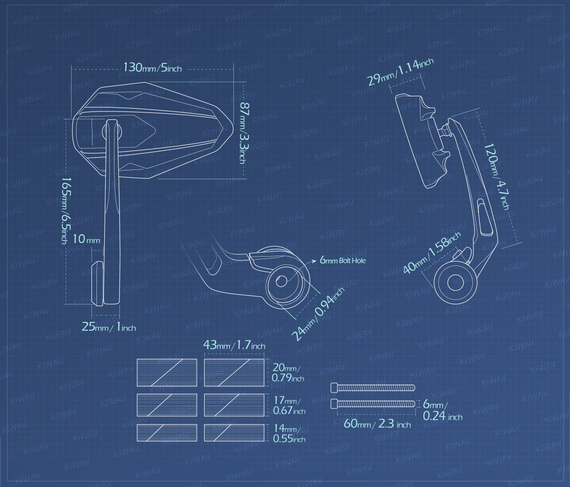 Measurement of KiWAV motorcycle bar end mirrors 4Rizz universal fit for 7/8, 1, 1-1/4 inch hollow end handlebars