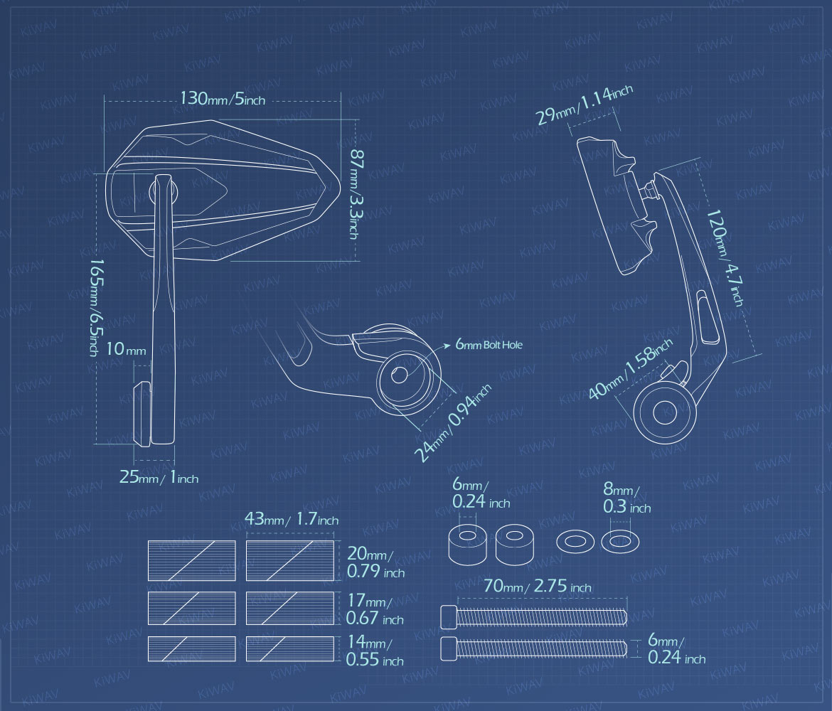Measurement of KiWAV motorcycle bar end mirrors 4Rizz compatible for Specific Indian models