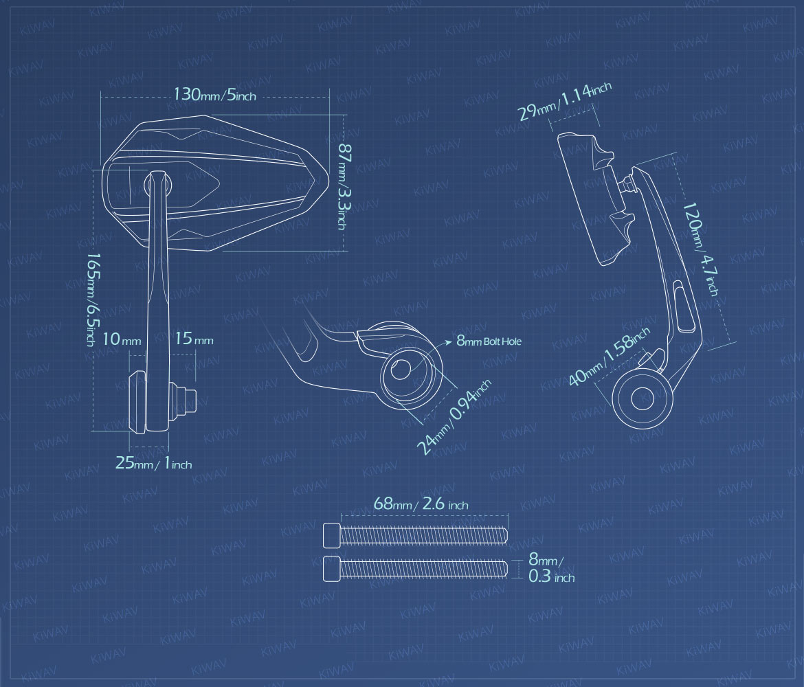 Measurement of KiWAV motorcycle bar end mirrors 4Rizz compatible for Indian Scout Bobber