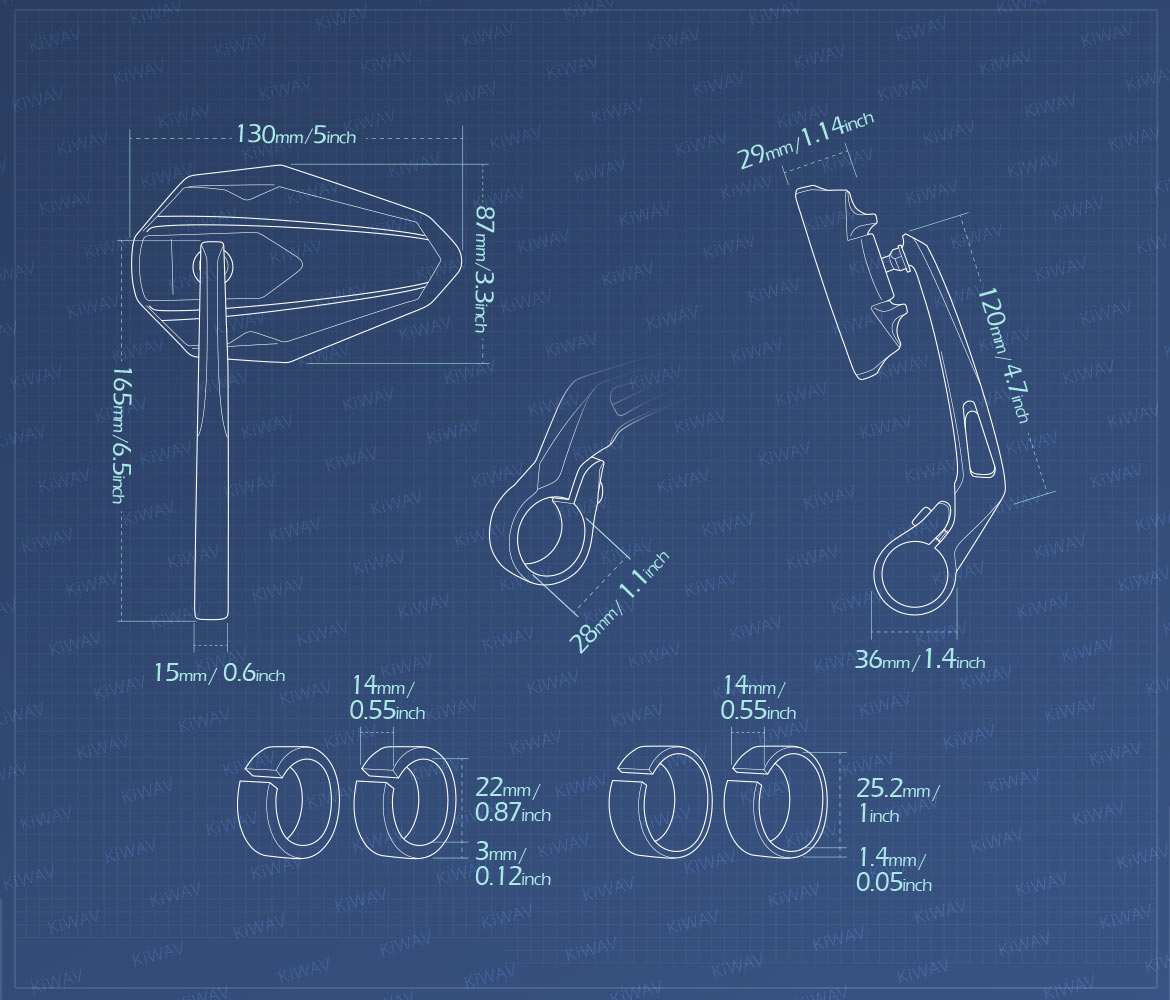 Measurement of KiWAV motorcycle bar end mirrors 4Rizz for 22/25mm handlebar