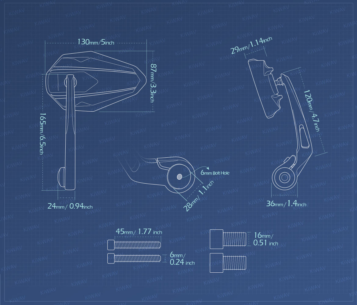 Measurement of KiWAV motorcycle bar end mirrors 4Rizz for Yamaha M16 threaded handlebars