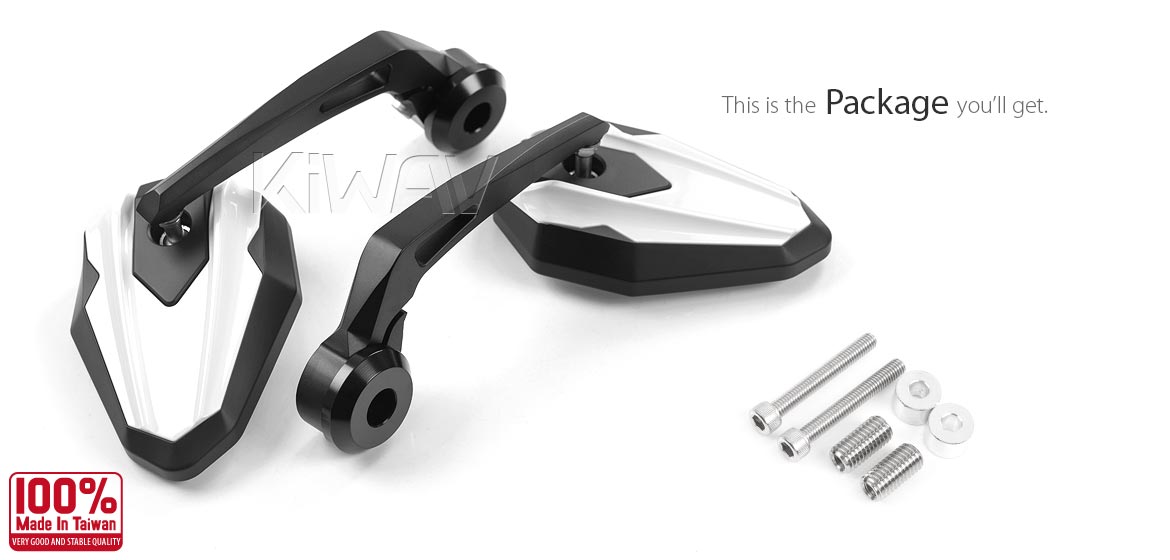 KiWAV motorcycle heavy weight bar end mirrors 4Rizz white compatible for BMW M10 threaded handlebar