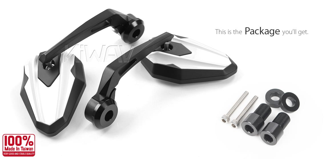 KiWAV motorcycle bar end mirrors 4Rizz white heavy weight for Yamaha M16 threaded handlebars
