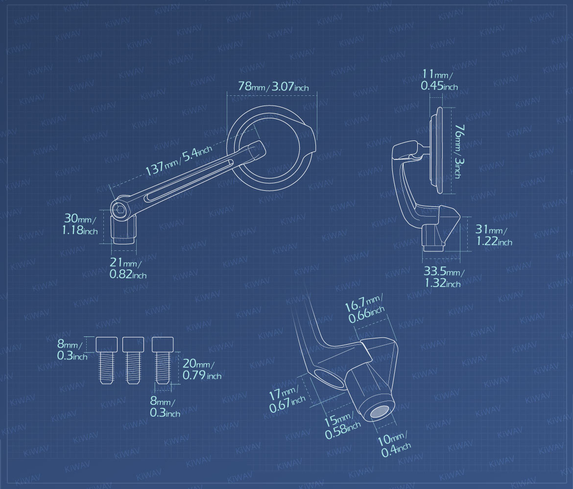 Measurement of KiWAV motorcycle mirrors Aura universal fit for 8mm mirror thread