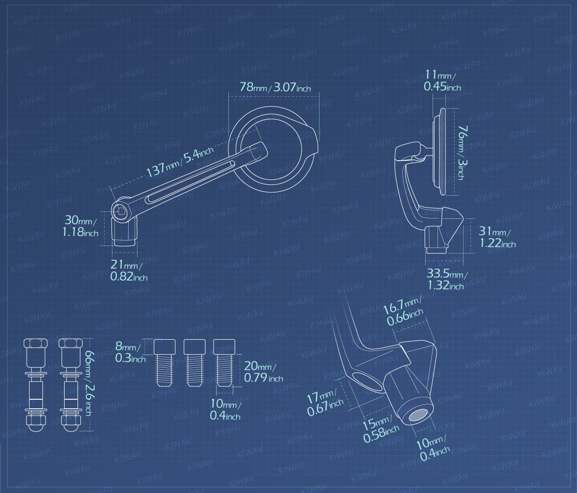 Measurement of KiWAV motorcycle mirrors Aura compatible for most Harley Davidson