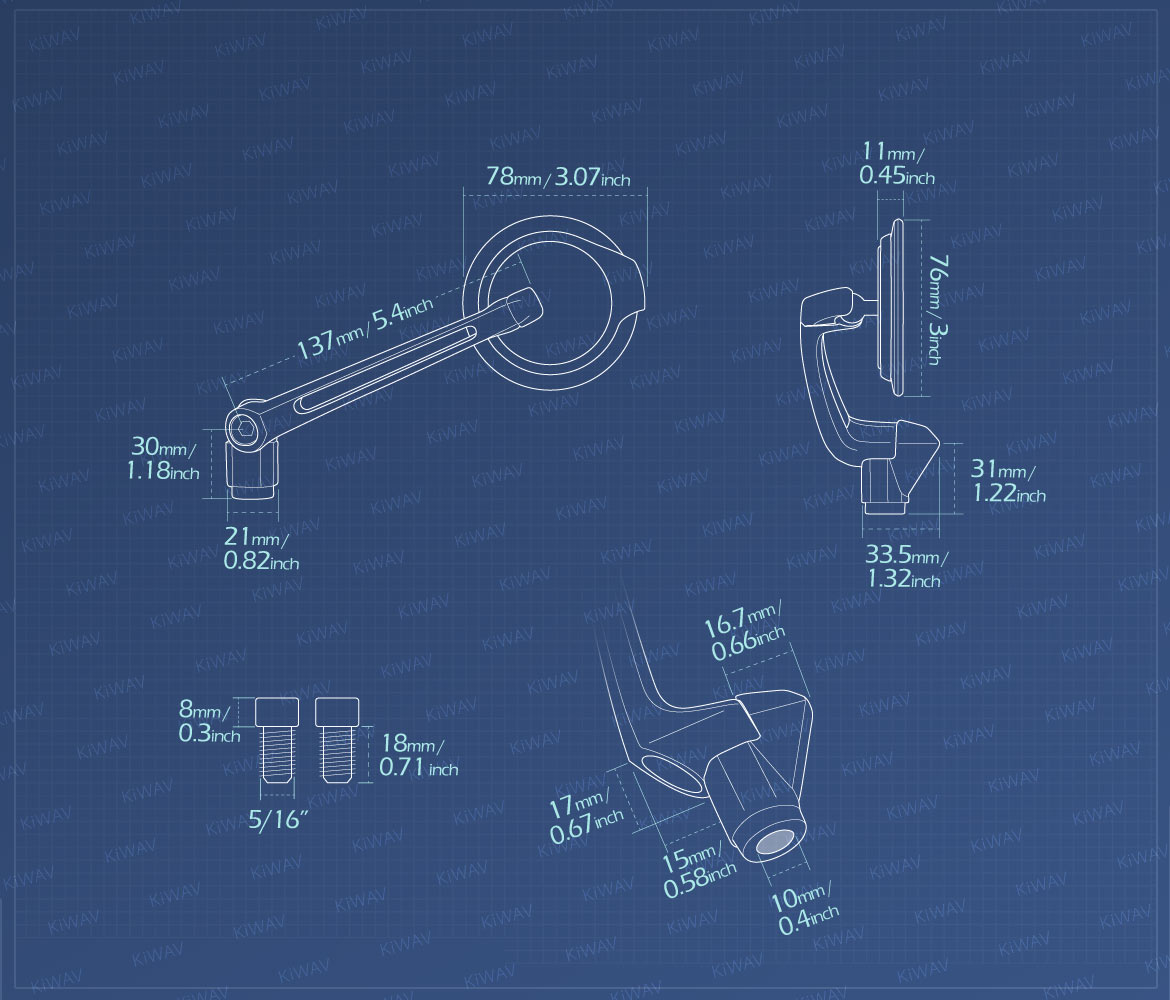 Measurement of KiWAV motorcycle mirrors Aura compatible for Harley Davidson Street 500/ 750