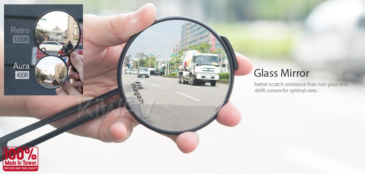 The thinnest motoryclce mirrors KiWAV Aura black compatible for most modern Vespa models, GTS/ GTV/ LX/ LT/ LXV/ S