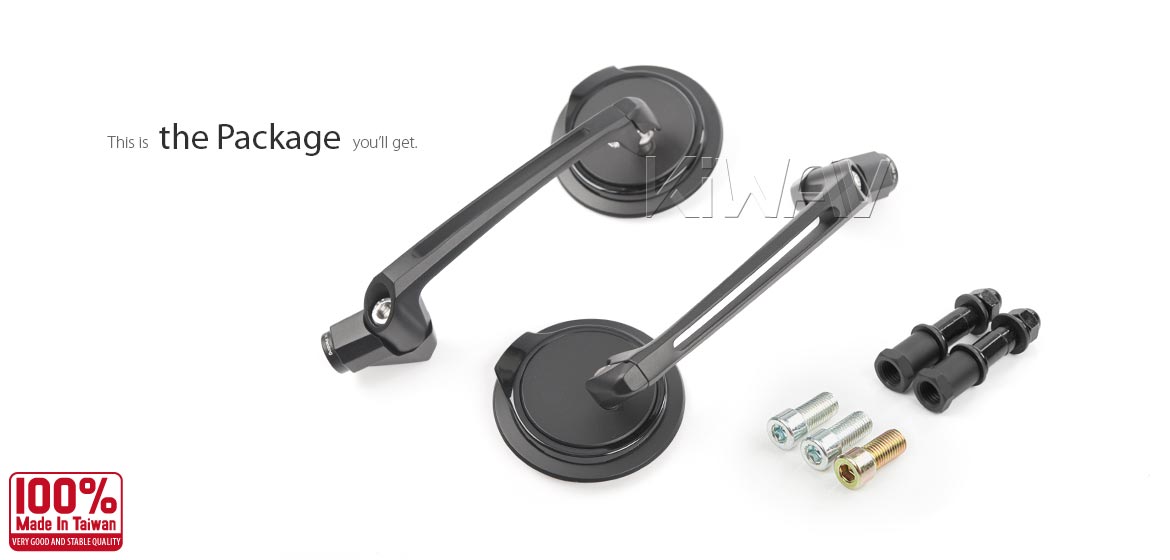 KiWAV rear view side mirrors Aura black compatible with Triumph 25mm handlebar and go-through mounts