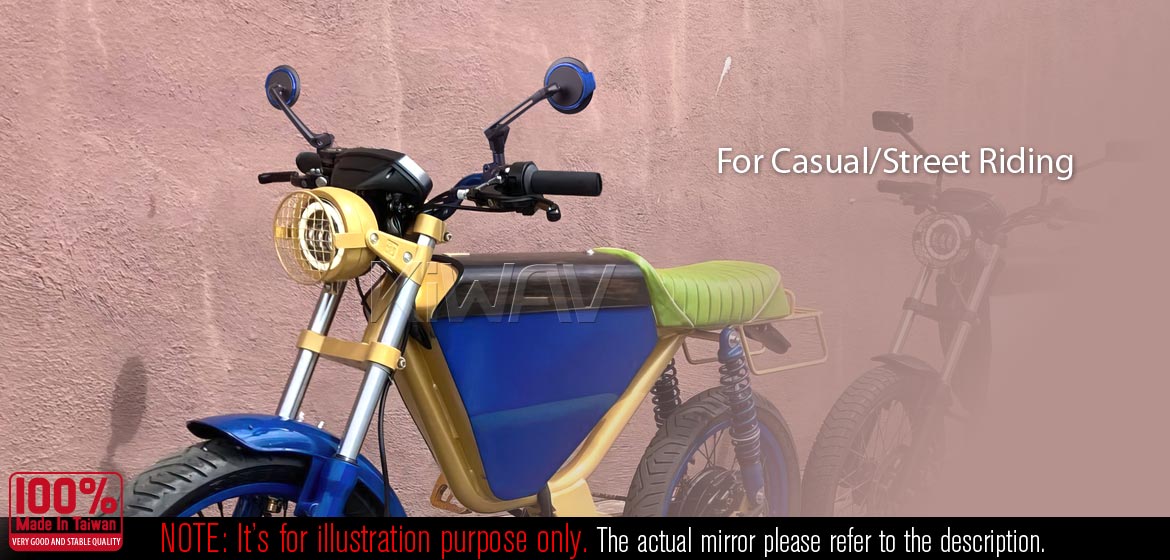 KiWAV rear view side mirrors Aura blue universal fit for Ebikes, bicycles
