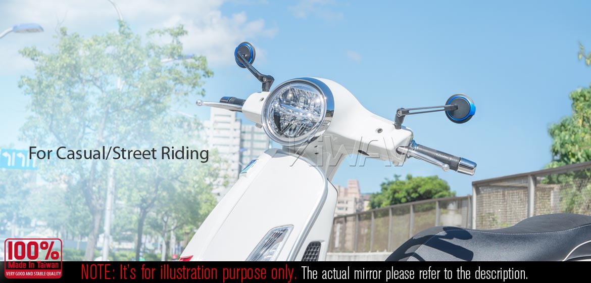 The thinnest motoryclce mirrors KiWAV Aura blue compatible for most modern Vespa models, GTS/ GTV/ LX/ LT/ LXV/ S