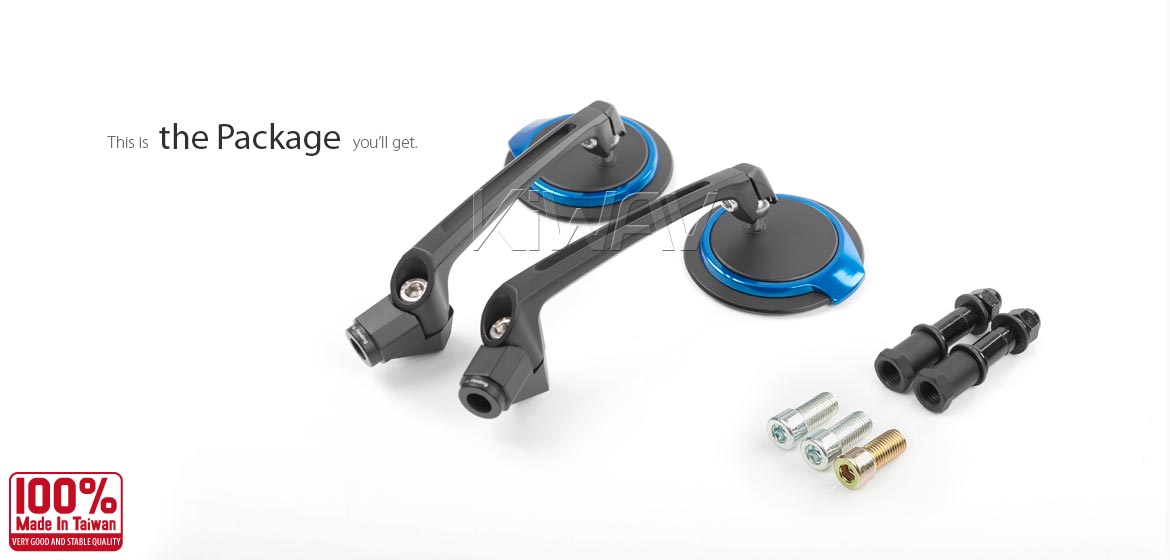 KiWAV rear view side mirrors Aura blue compatible with Triumph 25mm handlebar and go-through mounts