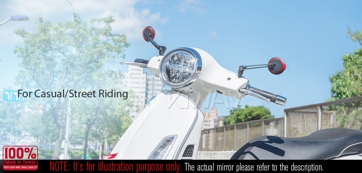 The thinnest motoryclce mirrors KiWAV Aura red compatible for most modern Vespa models, GTS/ GTV/ LX/ LT/ LXV/ S