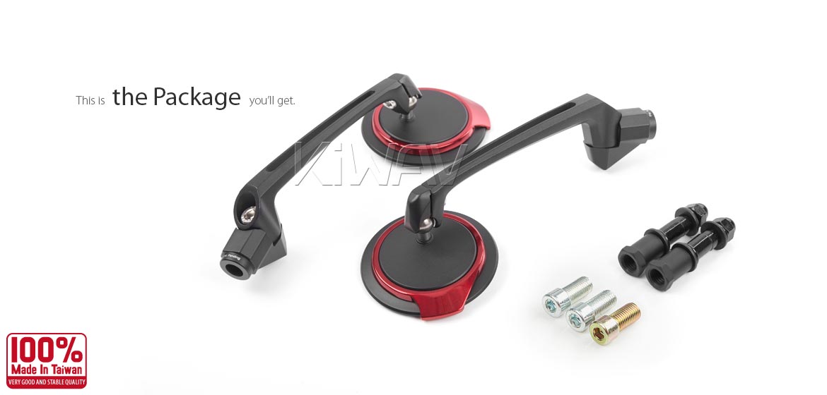 KiWAV rear view side mirrors Aura red compatible with Triumph 25mm handlebar and go-through mounts