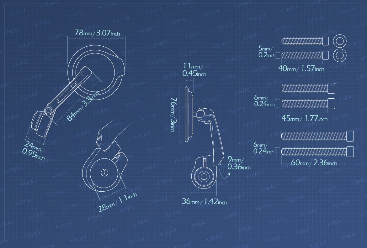 Measurement of KiWAV motorcycle bar end mirrors Aura compatible for Triumph air-cooled motorcycles