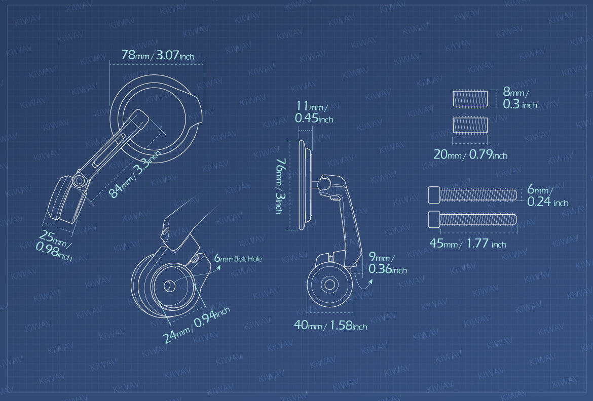 Measurement of KiWAV motorcycle bar end mirrors Aura for M8 threaded handlebars