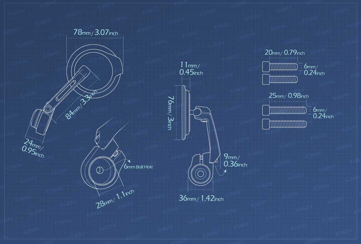 Measurement of KiWAV motorcycle bar end mirrors Aura compatible for Triumph water-cooled motorcycles