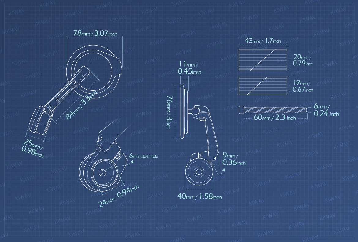 Measurement of KiWAV motorcycle bar end mirrors Aura for 1 inch & 1-1/4 inch hollow end handlebars