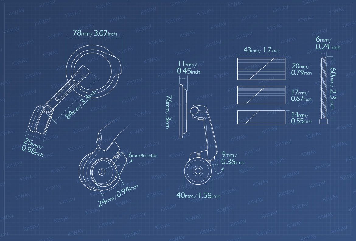 Measurement of KiWAV motorcycle bar end mirrors Aura for 7/8 inch, 1 inch, 1-1/4 inch hollow end handlebars