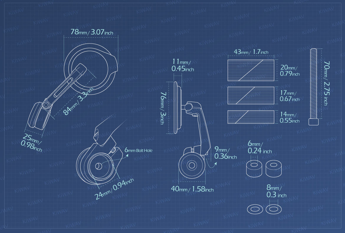 Measurement of KiWAV motorcycle bar end mirrors Aura compatible for Harley Sportster Dyna Softail XG street