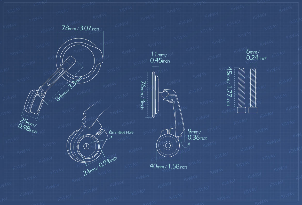 Measurement of KiWAV motorcycle bar end mirrors Aura compatible for M6 threaded handlebars
