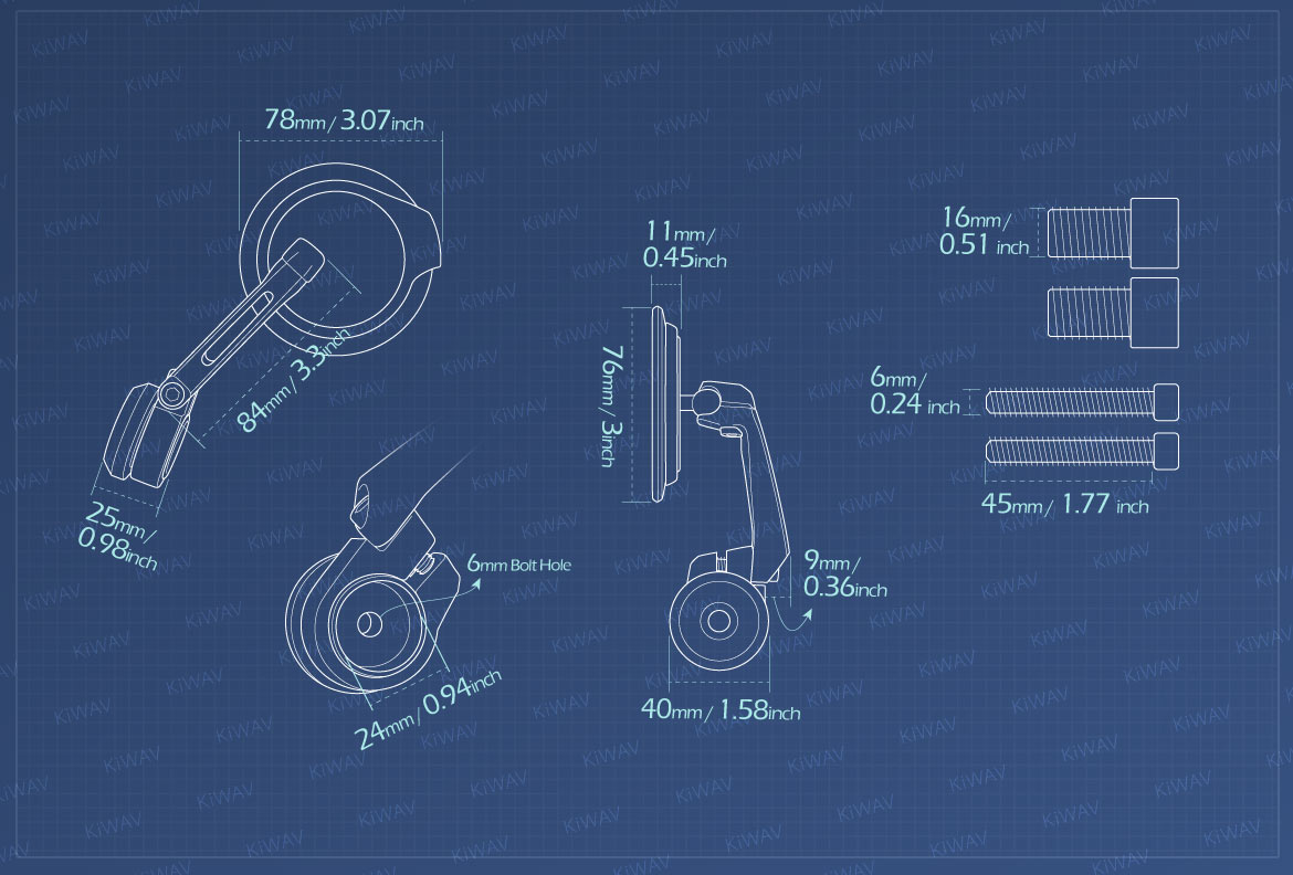 Measurement of KiWAV motorcycle bar end mirrors Aura compatible for Yamaha M16 threaded handlebars