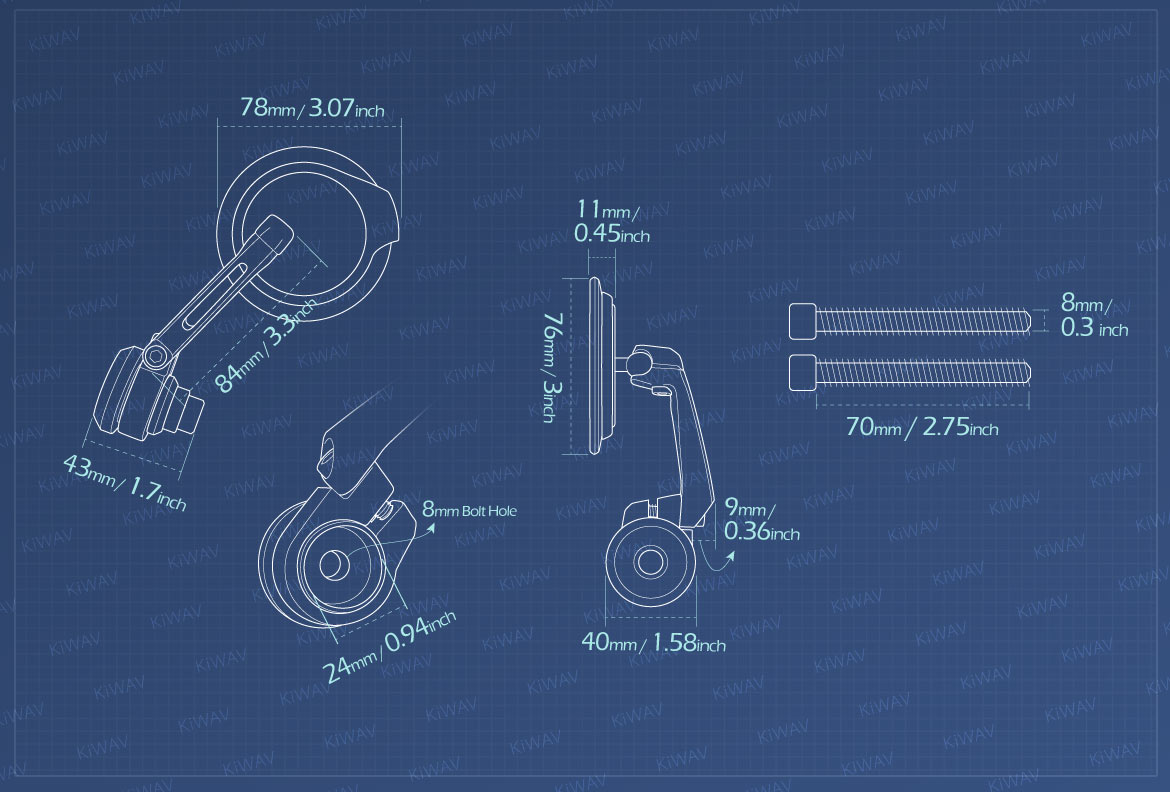 Measurement of KiWAV motorcycle bar end mirrors Aura compatible for Indian Scout Bobber