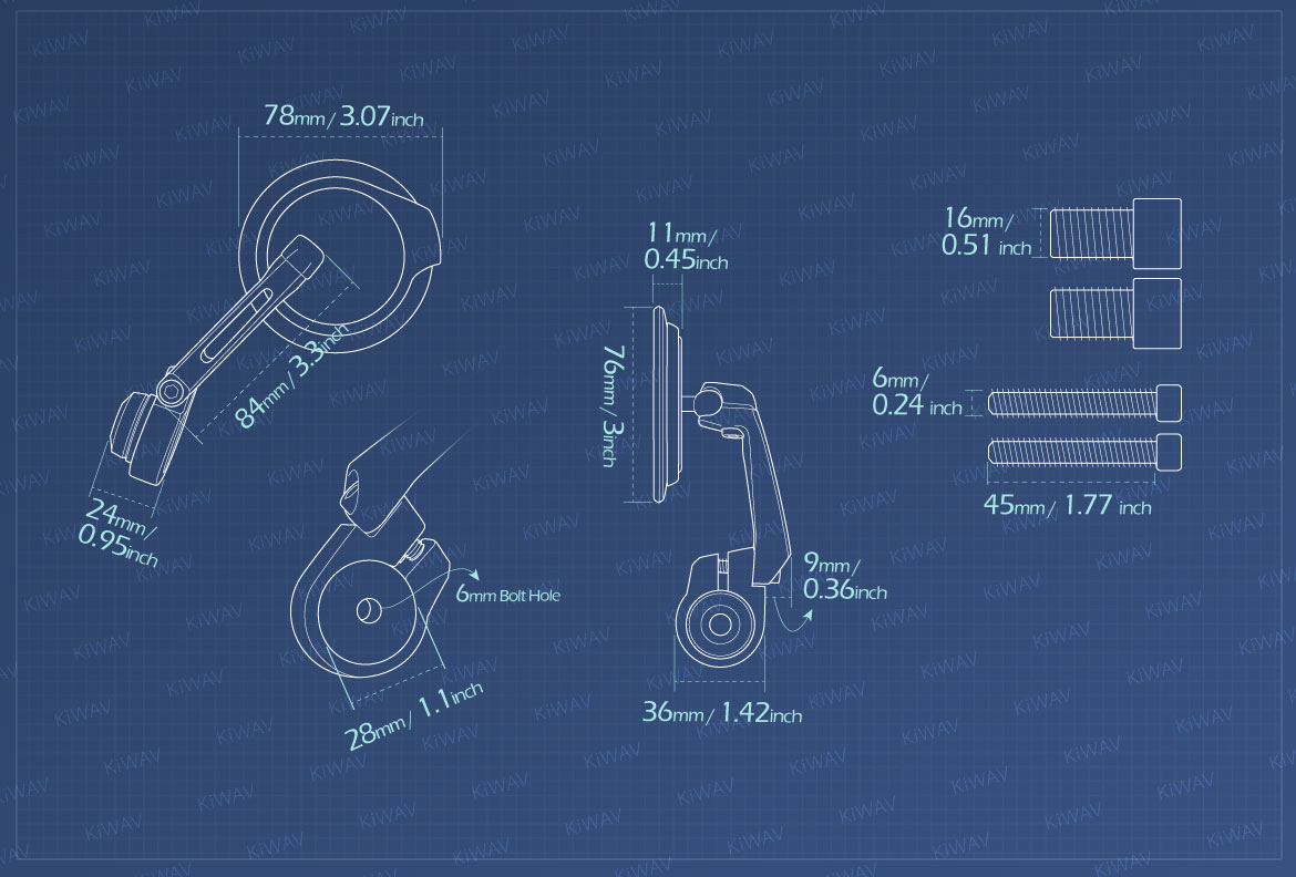 Measurement of KiWAV motorcycle bar end mirrors Aura compatible for Yamaha M16 threaded handlebars