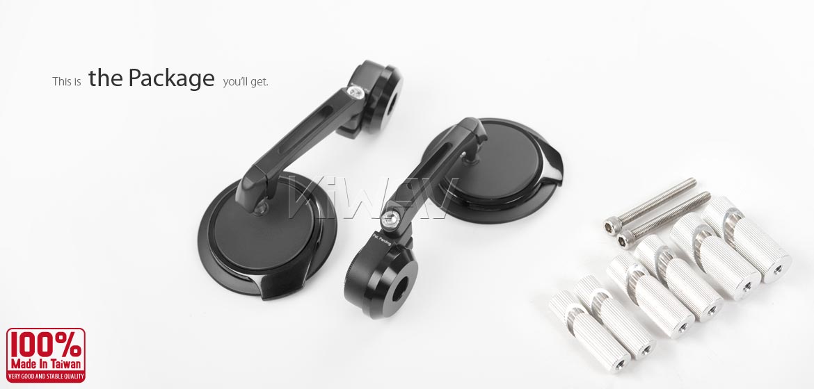 Thinnest motorcycle mirrors KiWAV motorcycle bar end mirrors Aura black for 7/8 inch, 1 inch, 1-1/4 inch hollow end handlebars