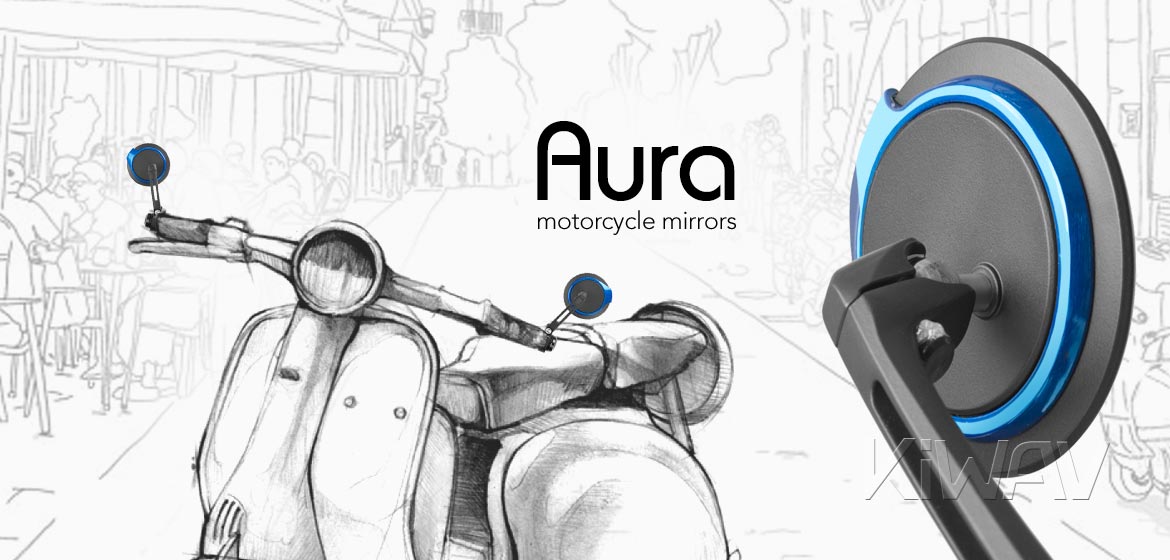 Thinnest motorcycle mirrors KiWAV motorcycle bar end mirrors Aura blue compatible with some Vespa models, GTS/ GTV/ GT